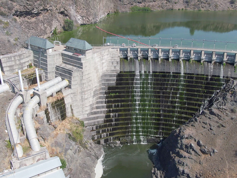 Large dam with algae-covered face site disrupts water flow on the Klamath River. Dam is surrounded by tall rocky basin and dense greenery. Water flowing out of the dam is murky.  